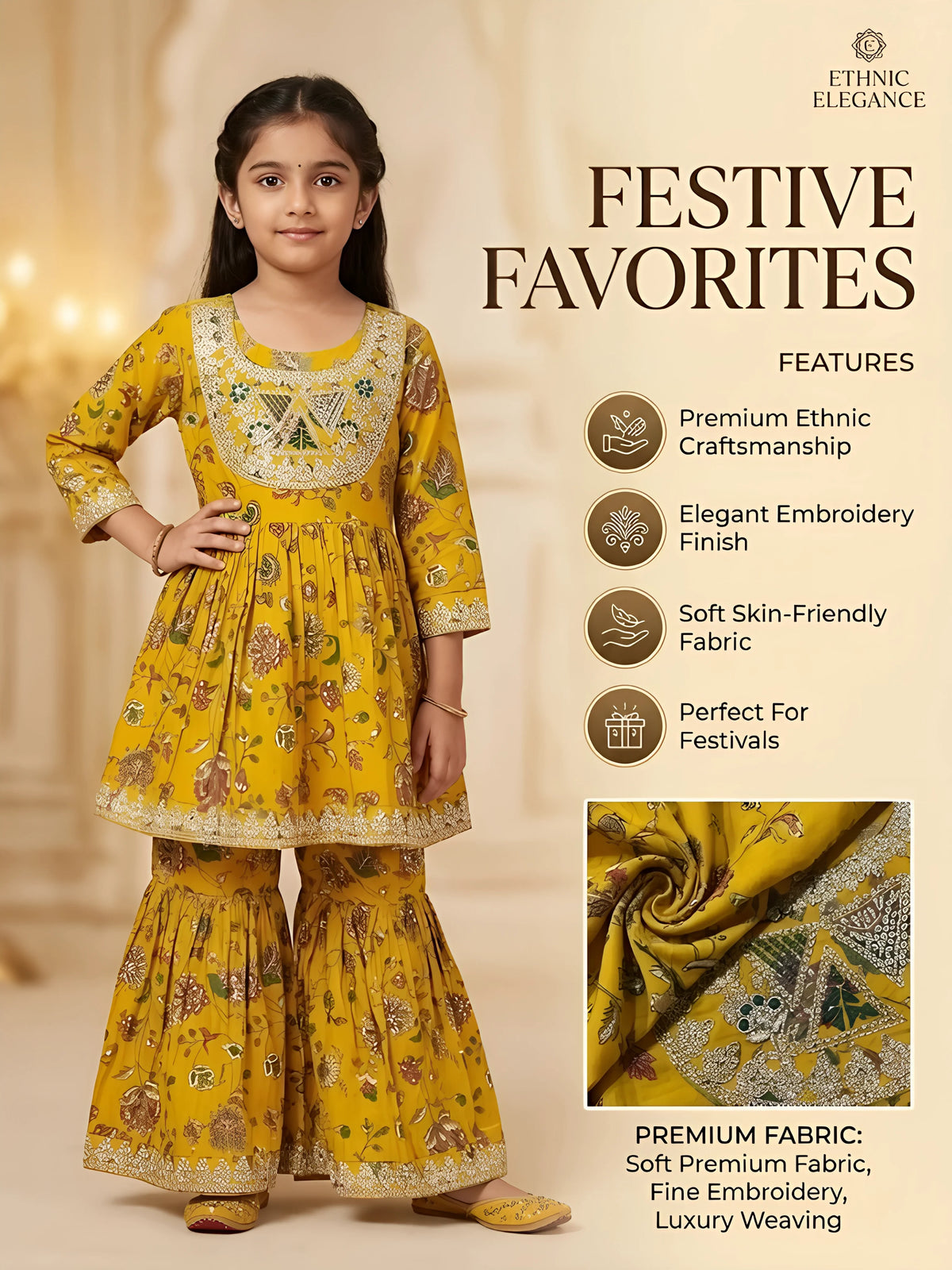 Girls Olive Green Printed Sharara Set.