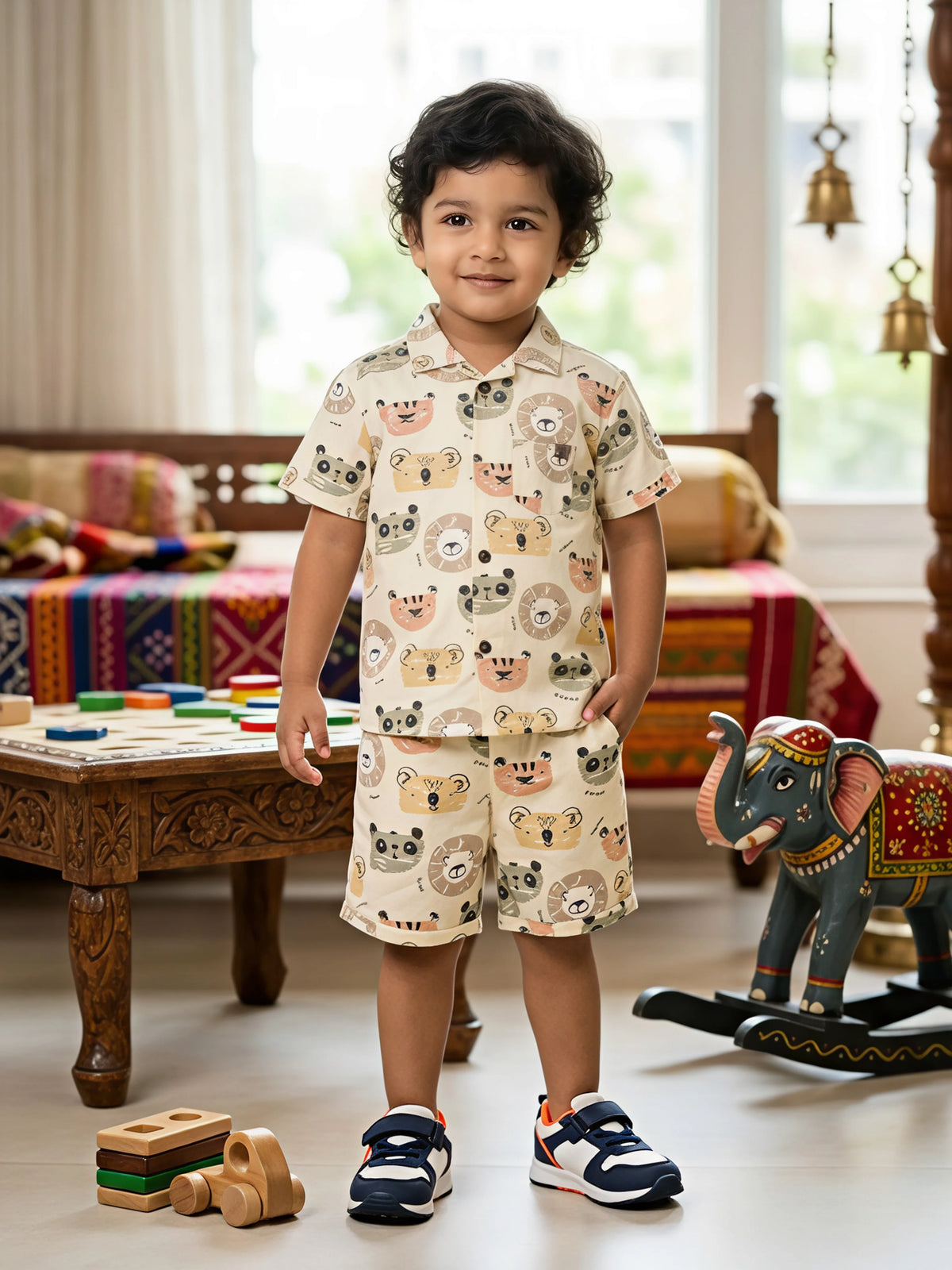 Boys Cream Animal Print Cotton Co-ord Set