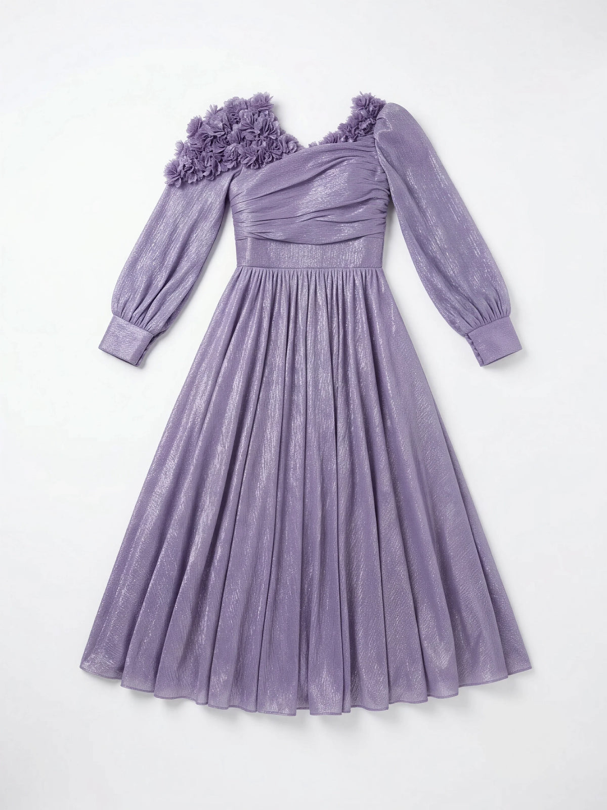 Purple Metallic Pleated Gown with Ruffled Shoulder Kids Ethnic Wear