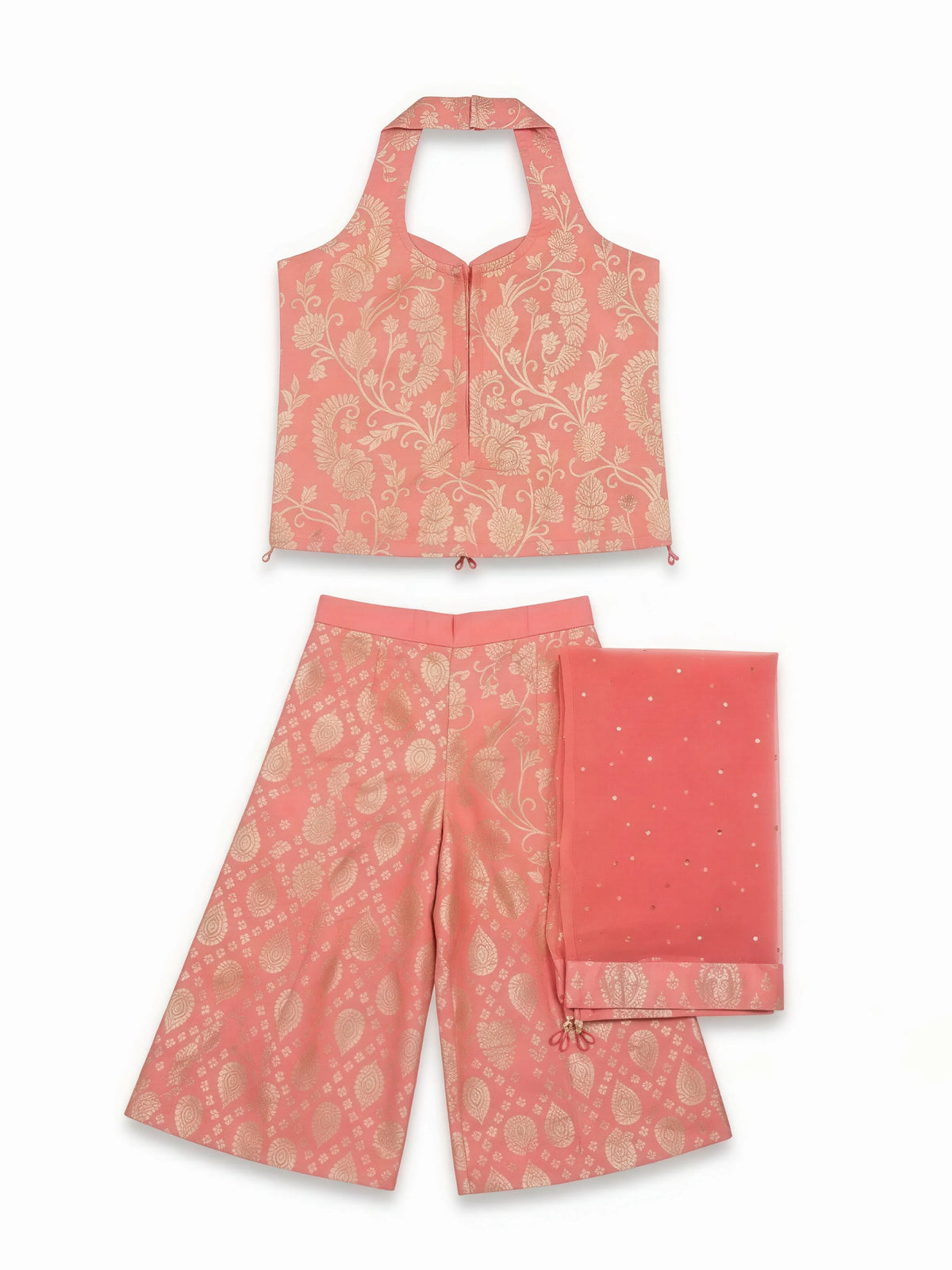 Girls Pink Ethnic Woven Palazzo Set with Dupatta.