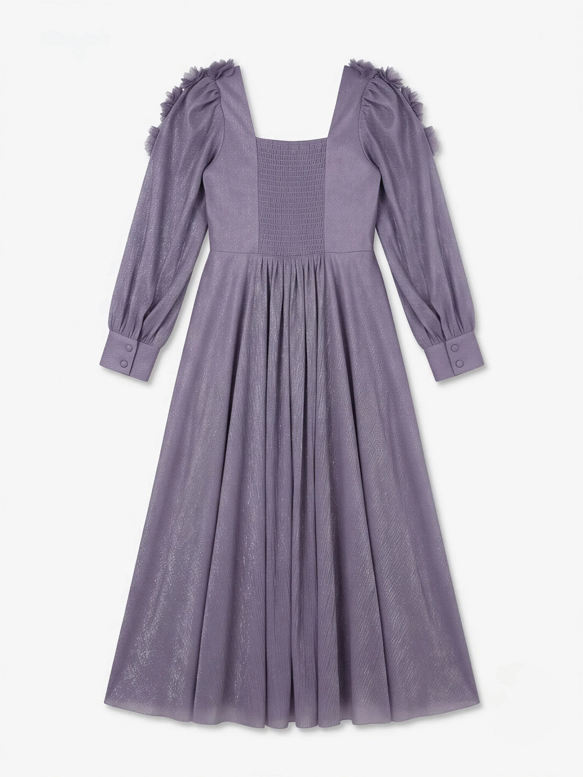 Purple Metallic Pleated Gown with Ruffled Shoulder Kids Ethnic Wear