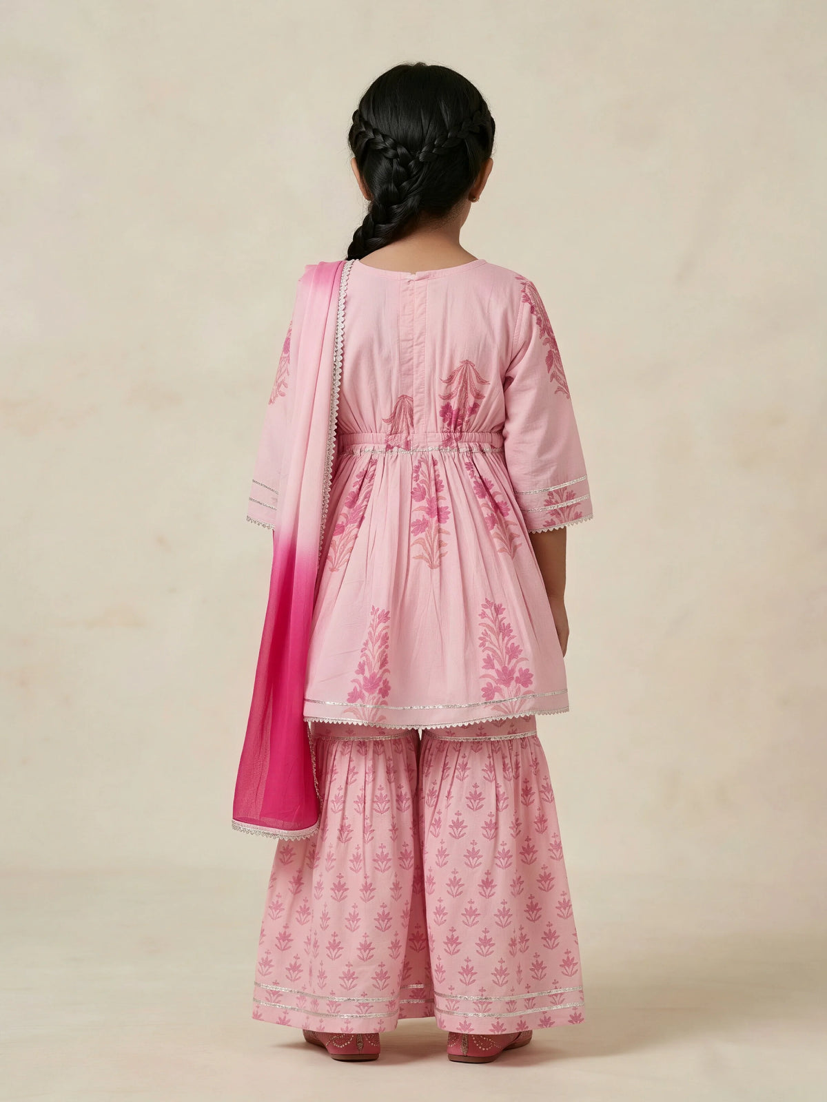 Girls Pink Floral Embroidery Printed Sharara Set with Dupatta.