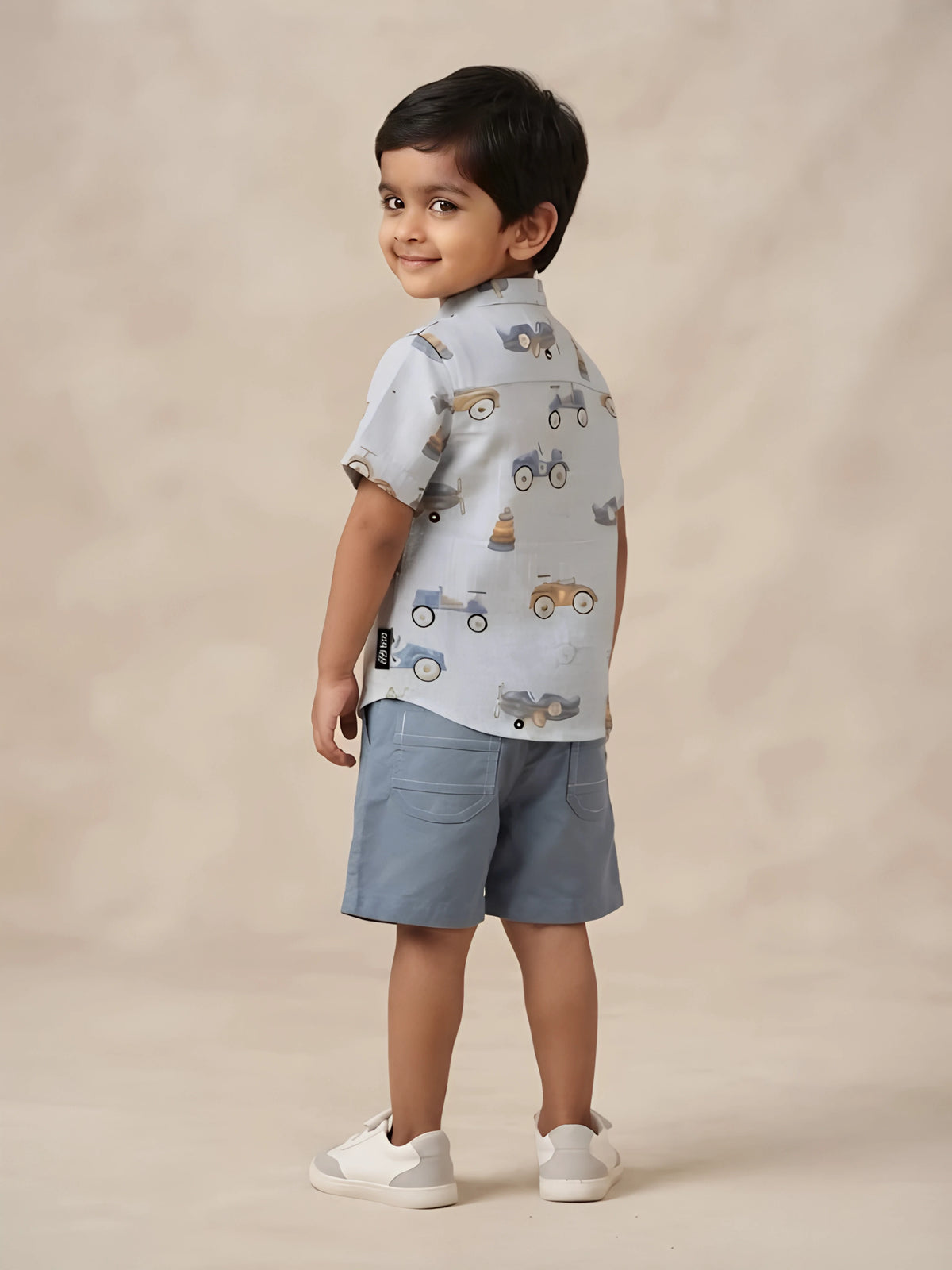 Boys Light Blue Printed Shirt and Shorts Set.