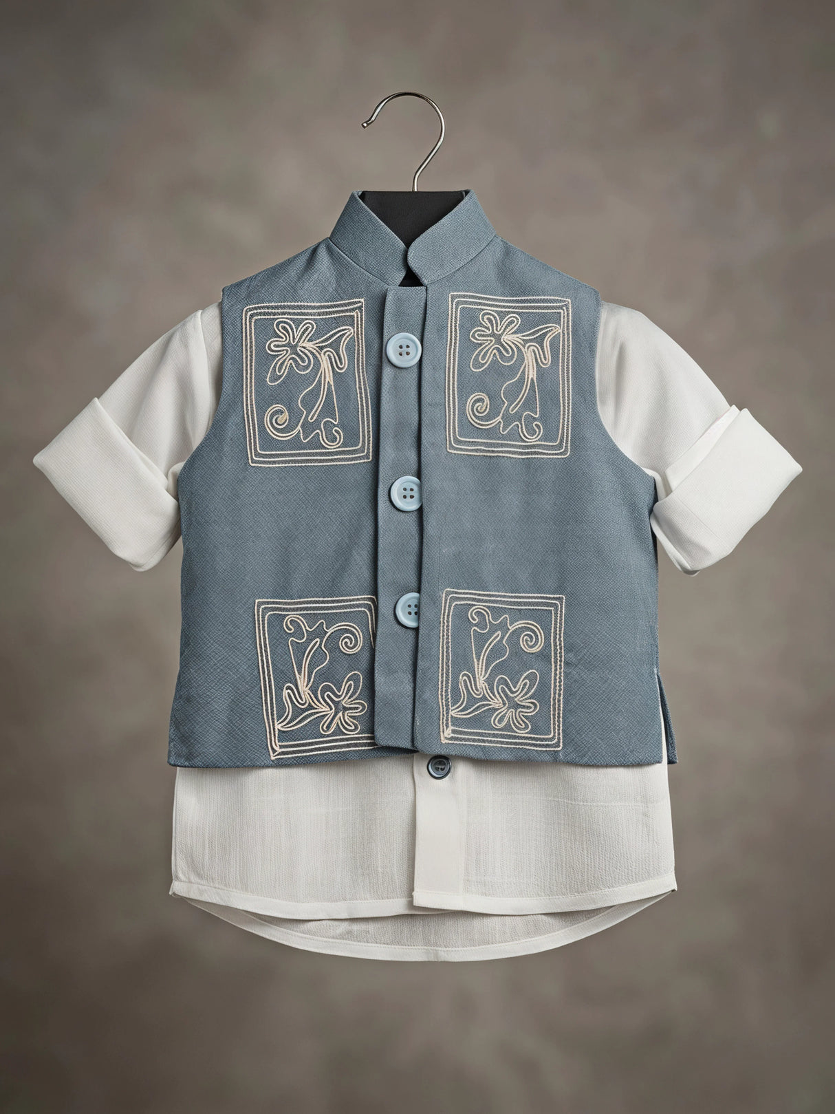 Boys Elegant Powder Blue Embroidered Waistcoat and Trouser Set with White Shirt