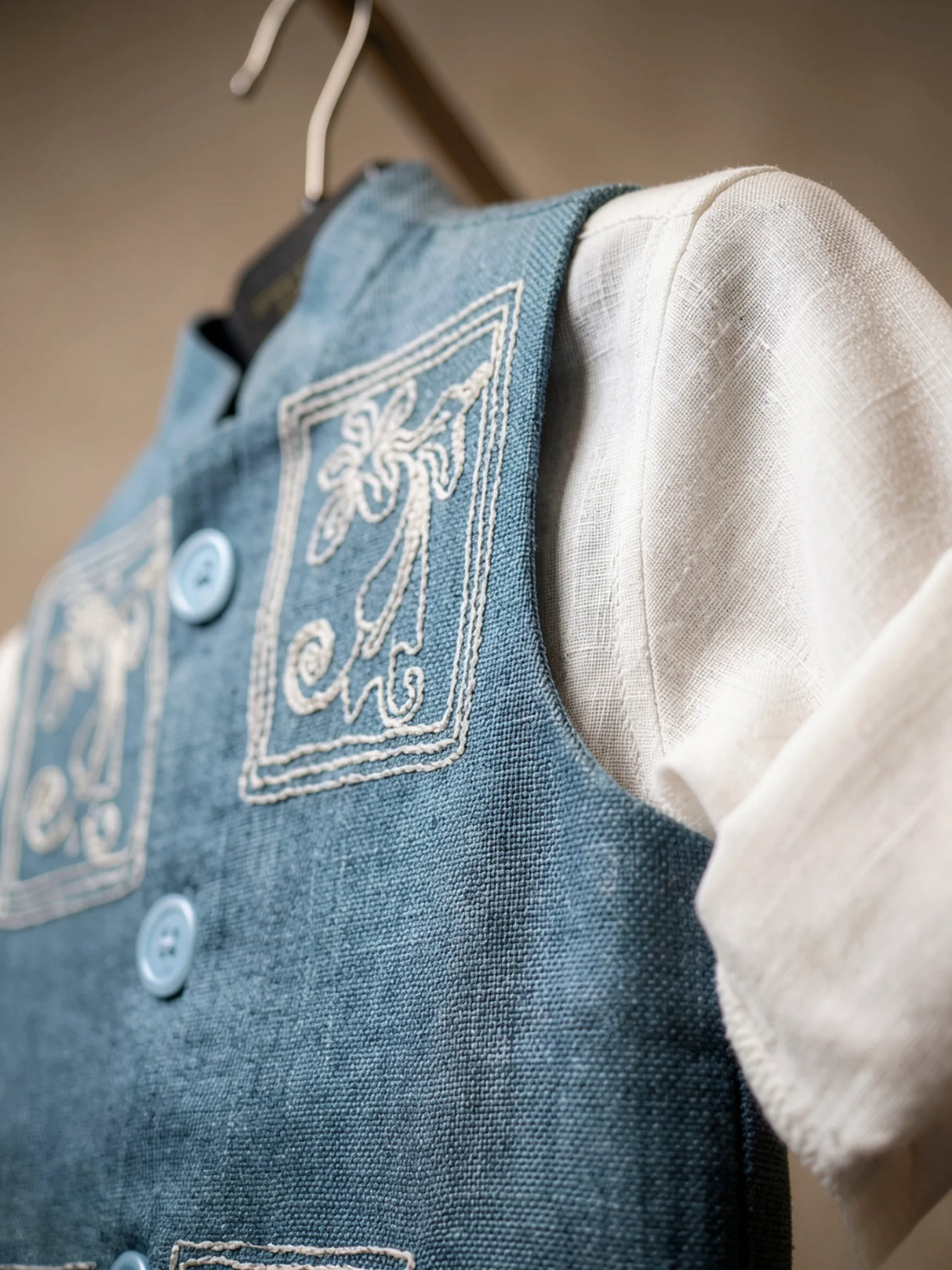 Boys Elegant Powder Blue Embroidered Waistcoat and Trouser Set with White Shirt