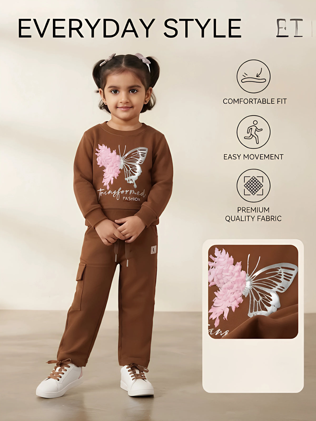 Brown Butterfly Print Girls Coordinate Set Kids Casual Wear