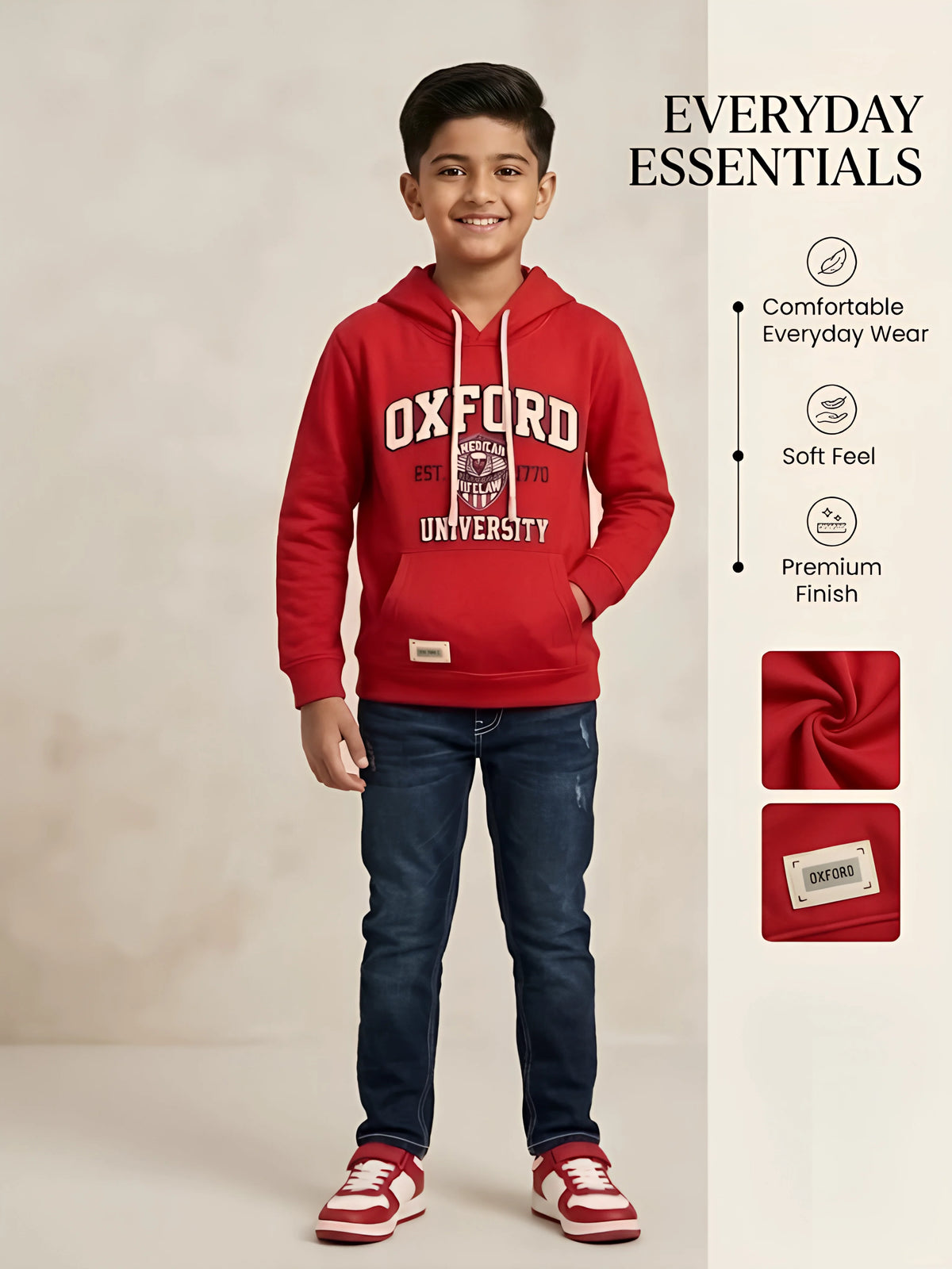 Boys Red Printed Hooded T-Shirt