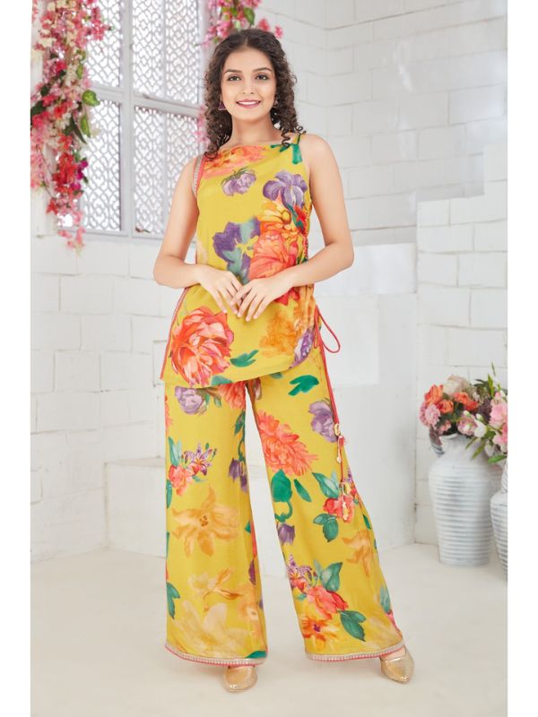 Girls Traditional Sleeves Less Plazo Set - Yellow