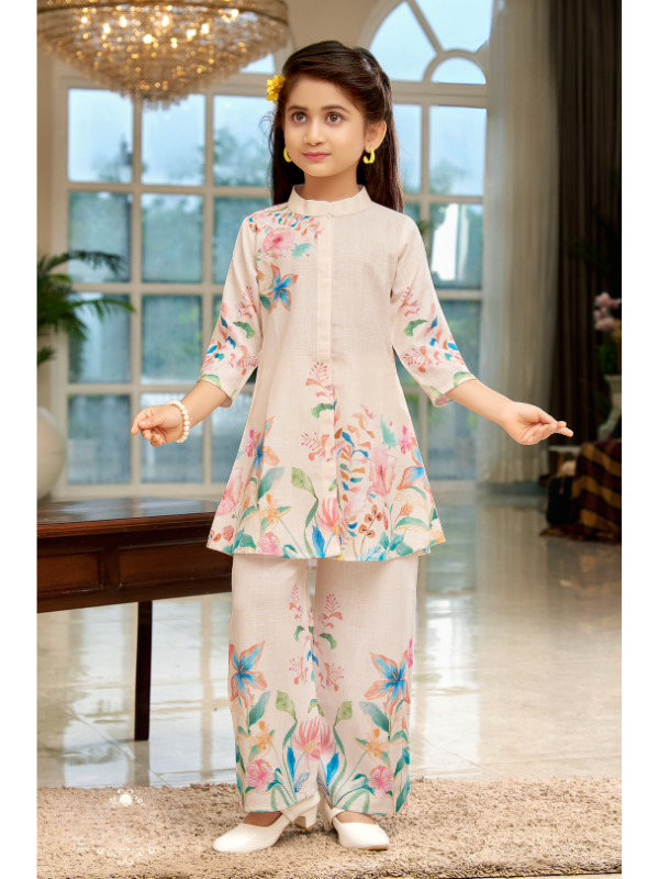Girls Traditional 3/4th Sleeves Plazo Set - Cream
