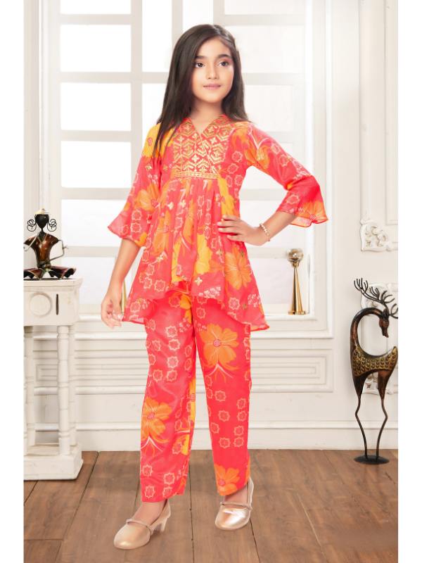 Girls Vibrant Red Floral Print Peplum Tunic and Trouser Set