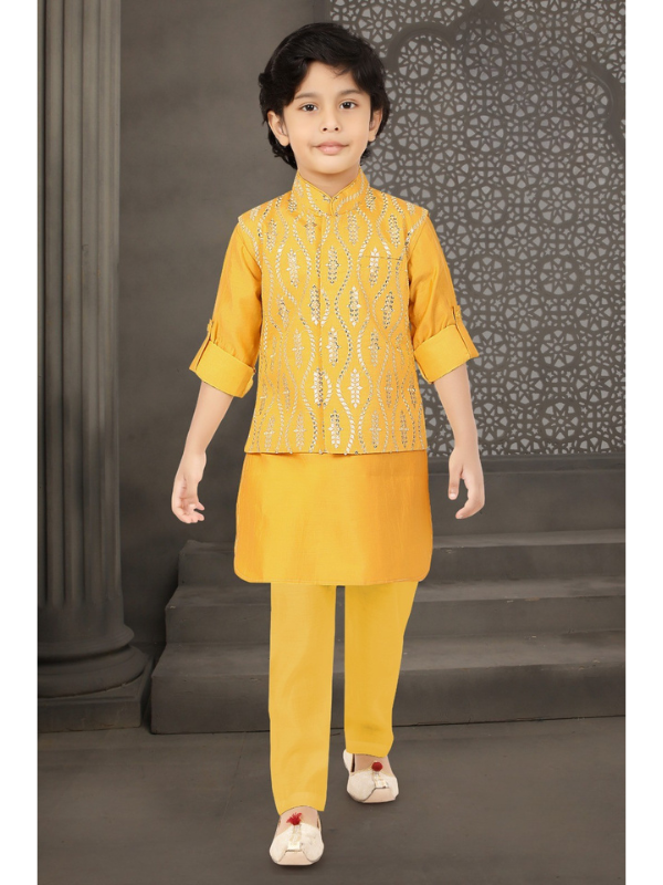 Boys Traditional With Work Chudidar Kurta with Koti - Gold