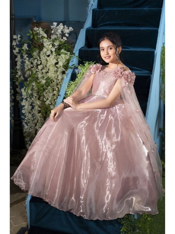 Girls Party Heavy Western Gown With Work - Peach