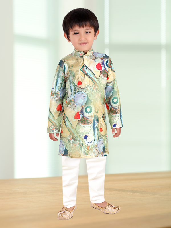 Boys Traditional Printed Chudidar Kurta Set - P.Green