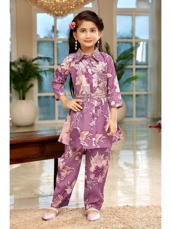 Girls Traditional 3/4th Sleeves Pant Set - Purple