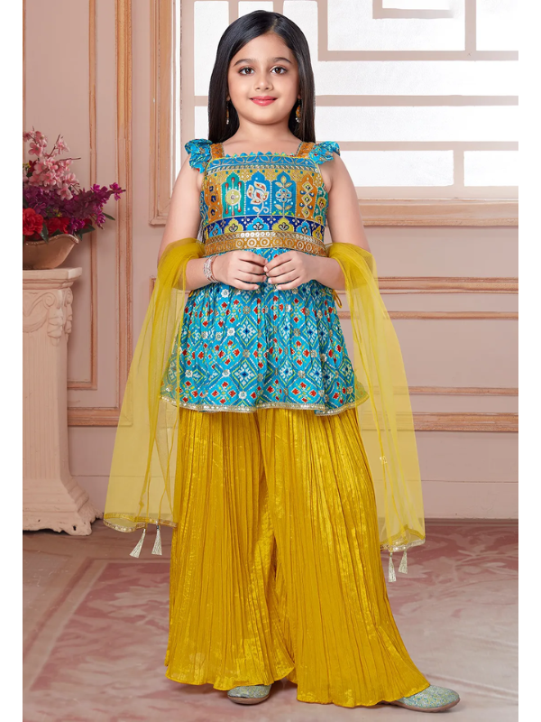 Girls Traditional Sleeves Less Plazo Set - Blue.