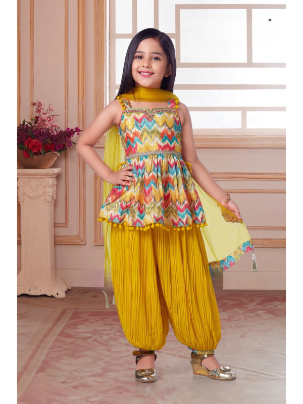 Girls Traditional Sleeves Less Afghani Set - Yellow.