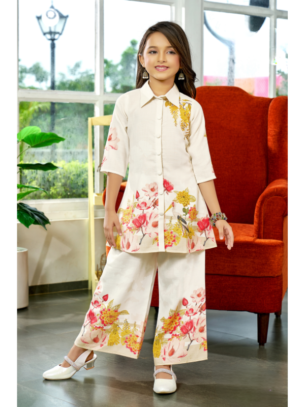 Girls Traditional 3/4th Sleeves Plazo Set - Cream