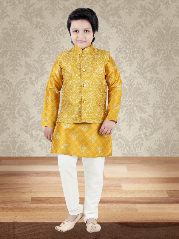 Boys Traditional Printed Chudidar Kurta with Koti - Yellow