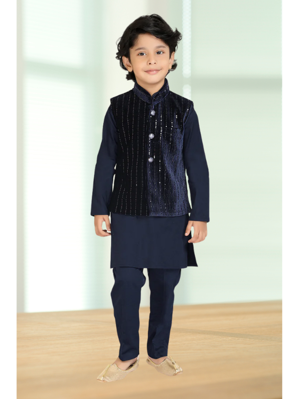 Boys Traditional With Work Chudidar Kurta with Koti - Navy Blue