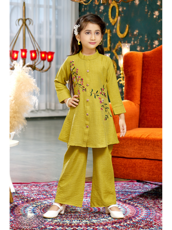 Girls Traditional Full Sleeves Plazo Set - Yellow