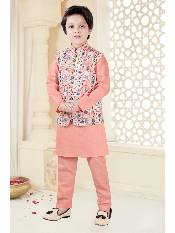 Boys Traditional Printed Chudidar Kurta with Koti - Peach