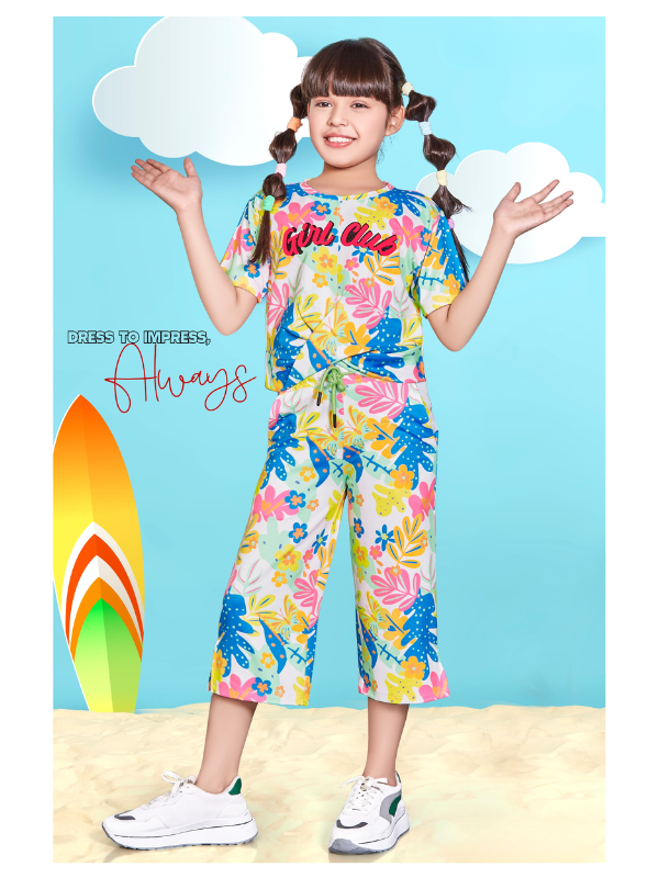 Girls Casual Printed Half Sleeves Track Pant Set - Orange