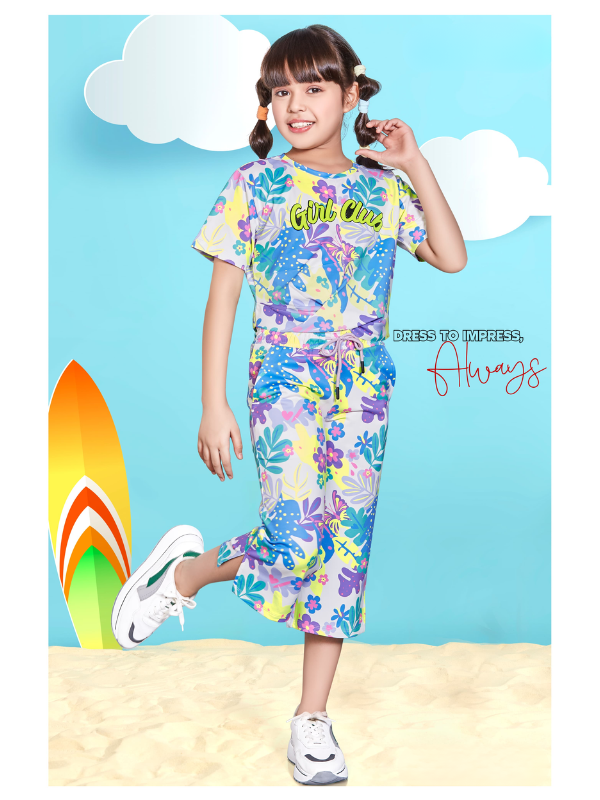 Girls Casual Printed Half Sleeves Capri Set - Purple