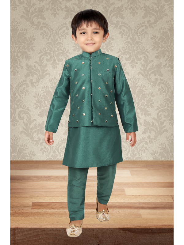 Boys Traditional With Work Chudidar Kurta with Koti - Green
