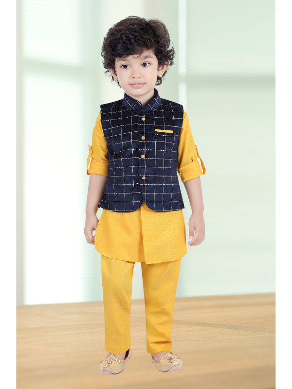 Boys Traditional Checks Chudidar Kurta with Koti - Navy Blue