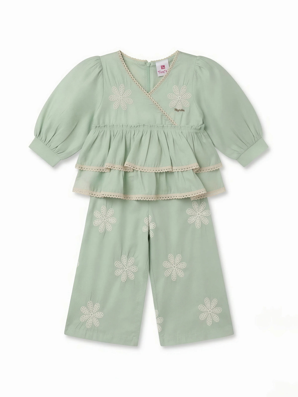 Girls Light Green Angrakha Tiered Kurta and Palazzo Set.
