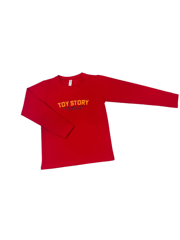 Bright Red boys' long-sleeve T-shirt with the small, central Disney Pixar Toy Story logo graphic, spread out against a white background.