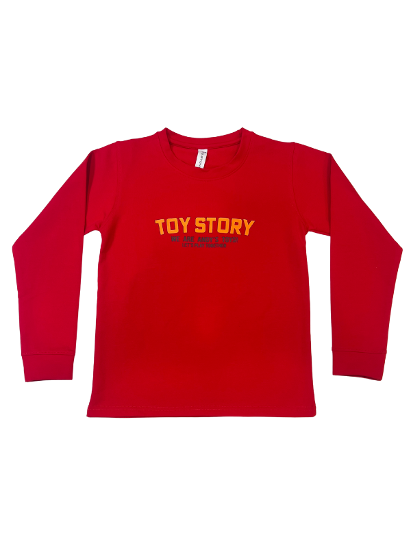 Bright Red boys' long-sleeve T-shirt with the small, central Disney Pixar Toy Story logo graphic, spread out against a white background.