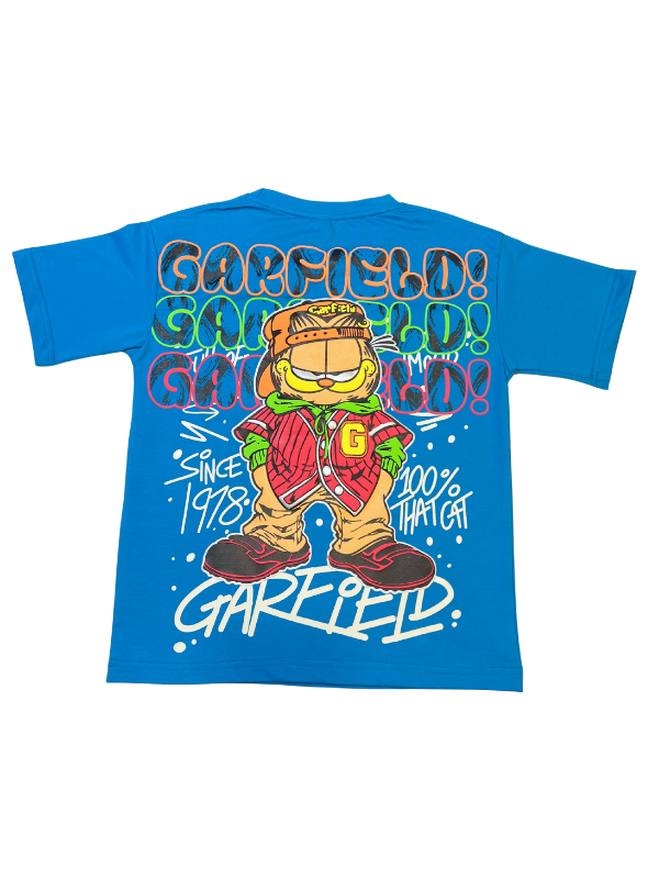 Bright Blue boys' short-sleeve T-shirt with a Garfield comic-style graphic and large vertical red "GARFIELD!" text print, against a white background.