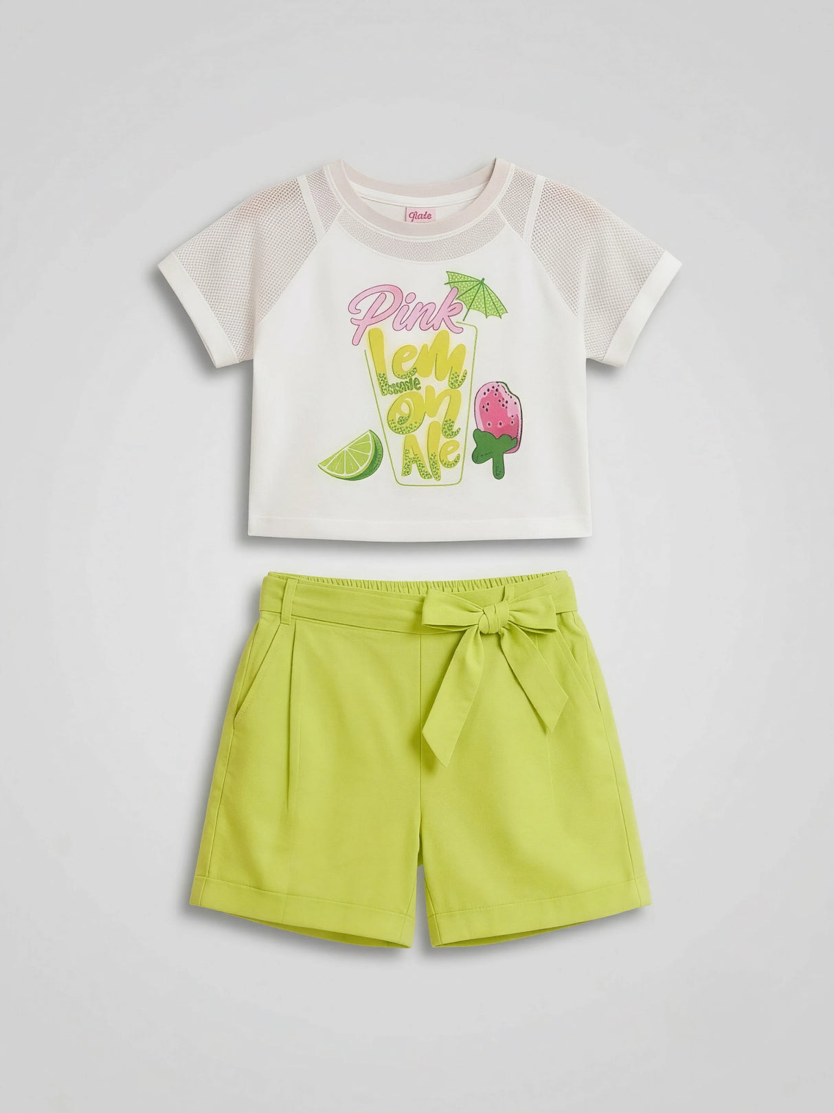 Girls Lime Green Lemonade Print Mesh Top & Shorts Coord Set