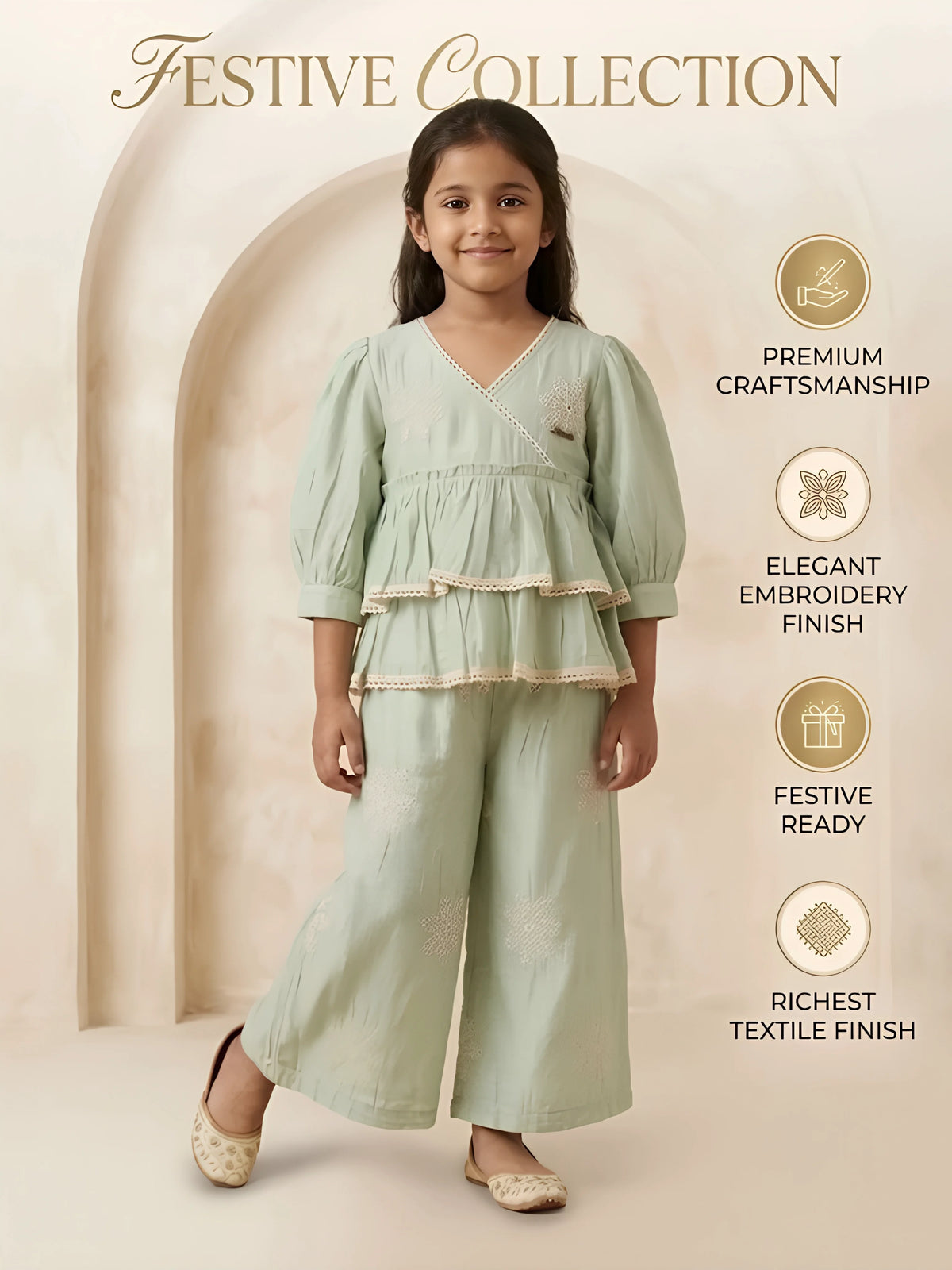 Girls Light Green Angrakha Tiered Kurta and Palazzo Set.