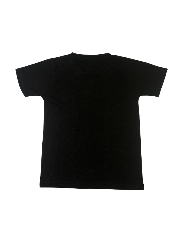 Black boys' short-sleeve T-shirt with a brown and glitter/studded graphic featuring large text (similar to Gucci) and a bee motif, with a triangle outline below it.