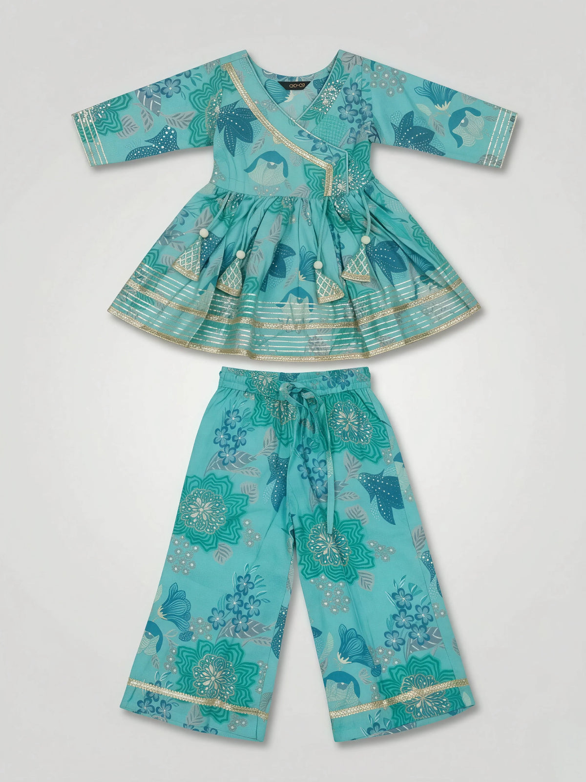 Girls Green Printed Angrakha Plazzo Set.