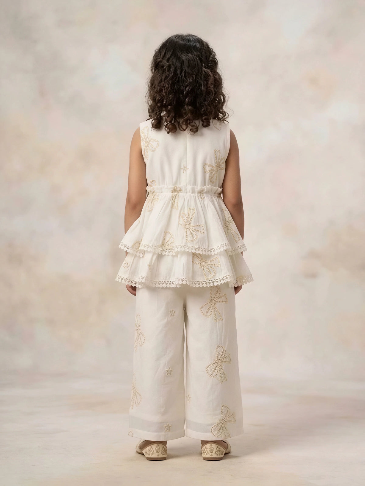 Girls Cream Embroidered Palazzo Set.