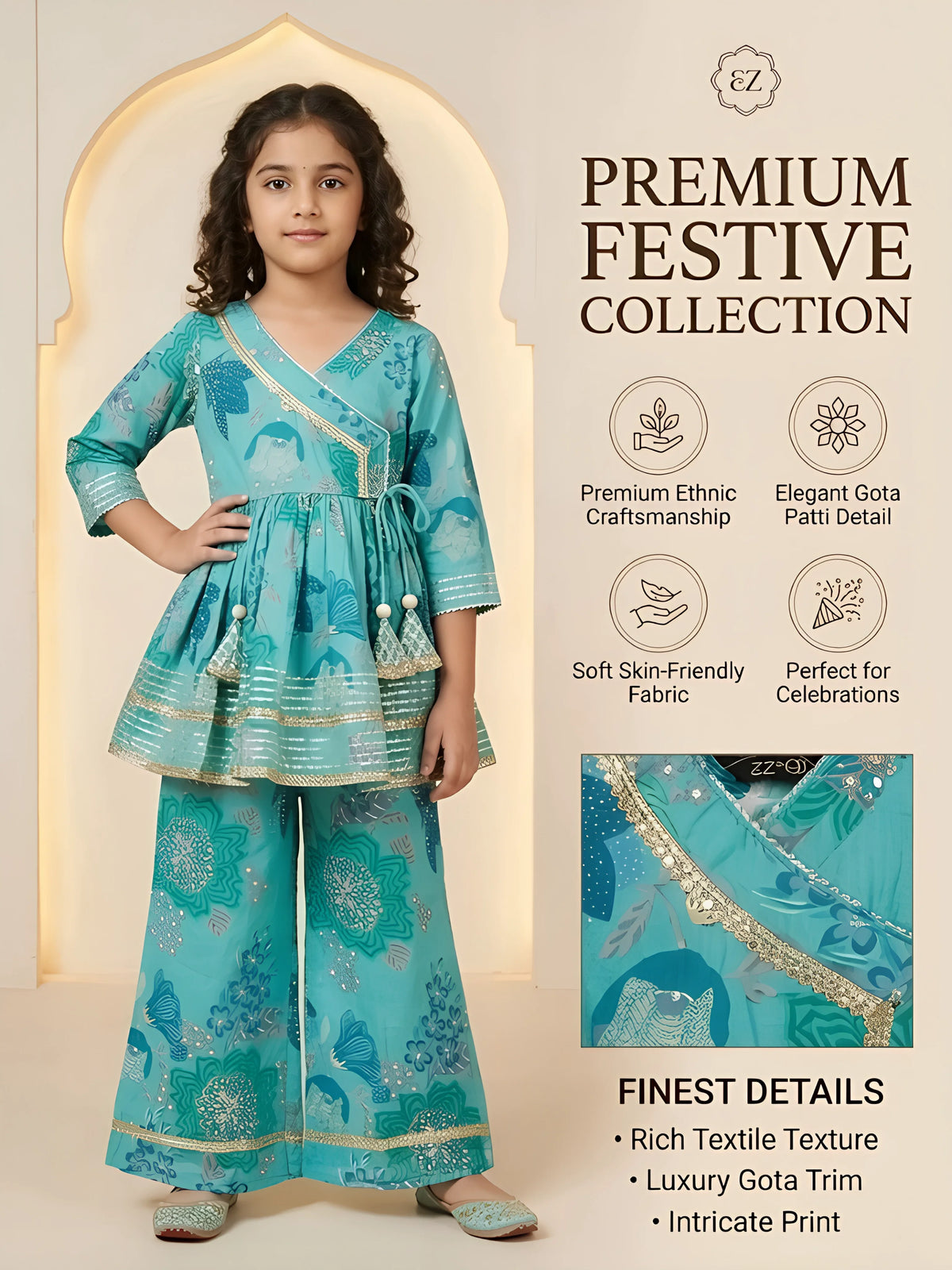Girls Green Printed Angrakha Plazzo Set.