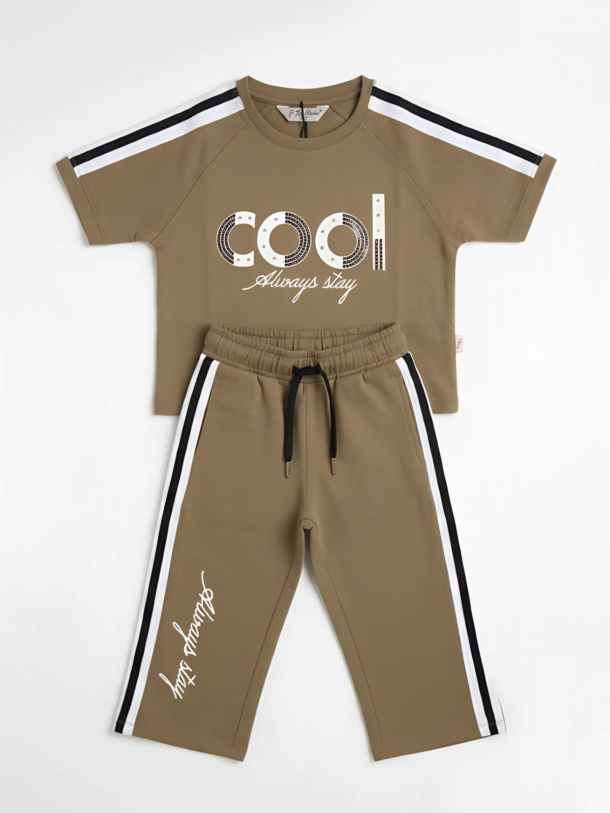 Brown Graphic Print Striped Girls Coordinate Set Casual Wear