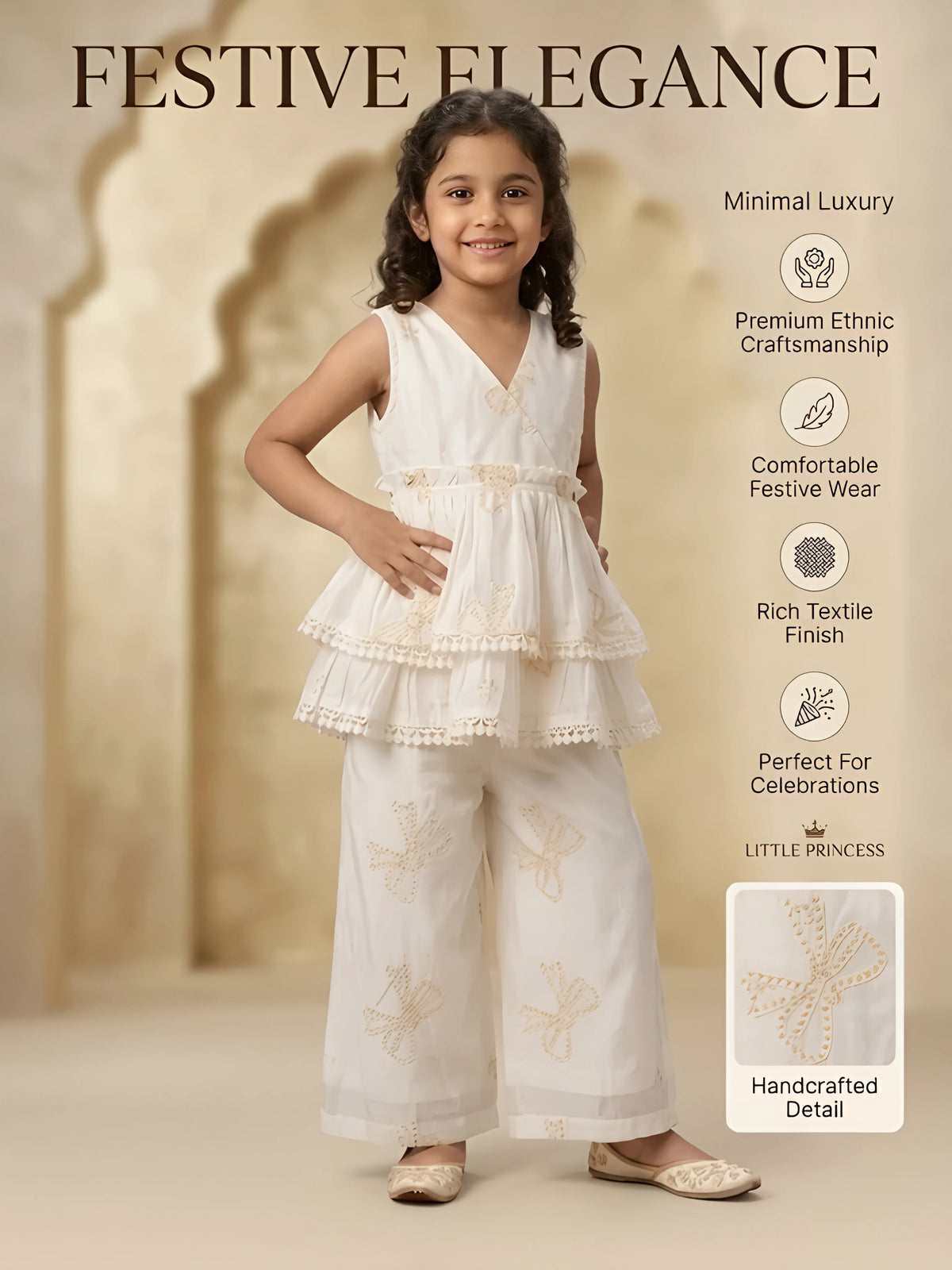 Girls Cream Embroidered Palazzo Set.