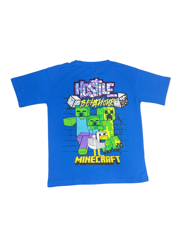 Royal Blue boys' short-sleeve T-shirt with the white Minecraft logo and a scattered pattern of green and yellow pixelated blocks graphic printed centrally