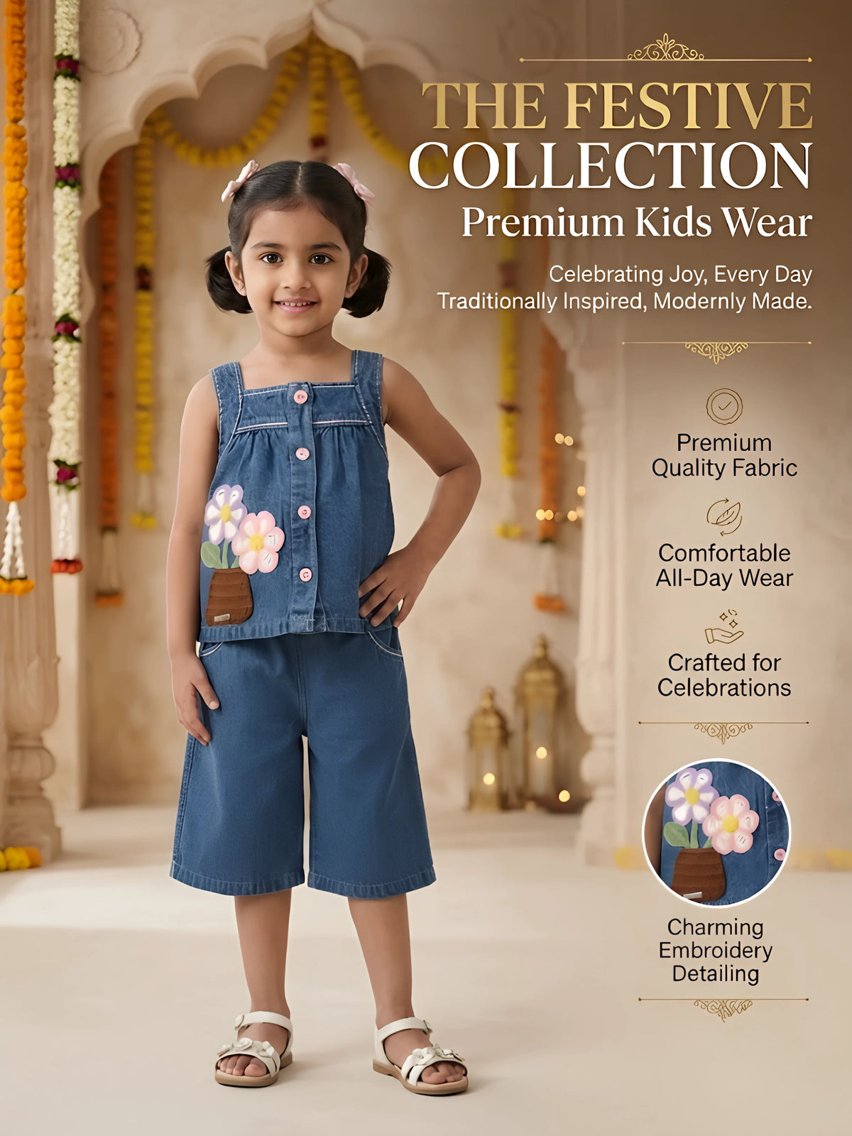 Blue Denim Flower Applique Set Kids Ethnic Wear