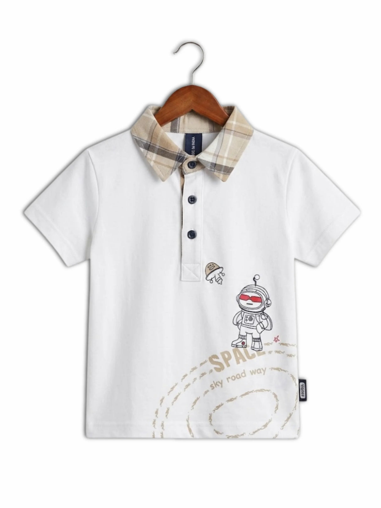 Boys Cream Space Explorer Polo & Plaid Shorts Coordinate Set