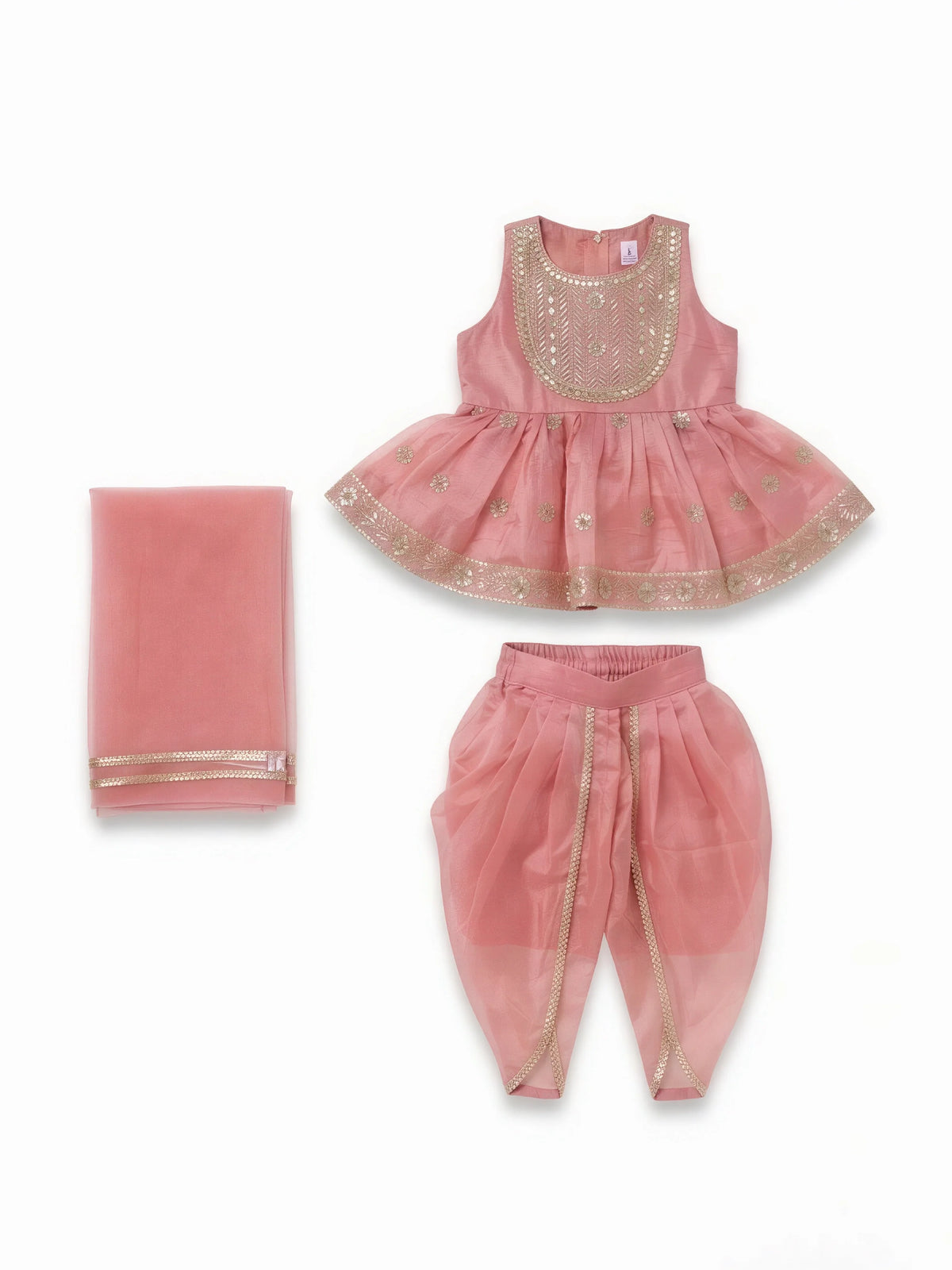 Girls Peach Embroidered Dhoti Set.