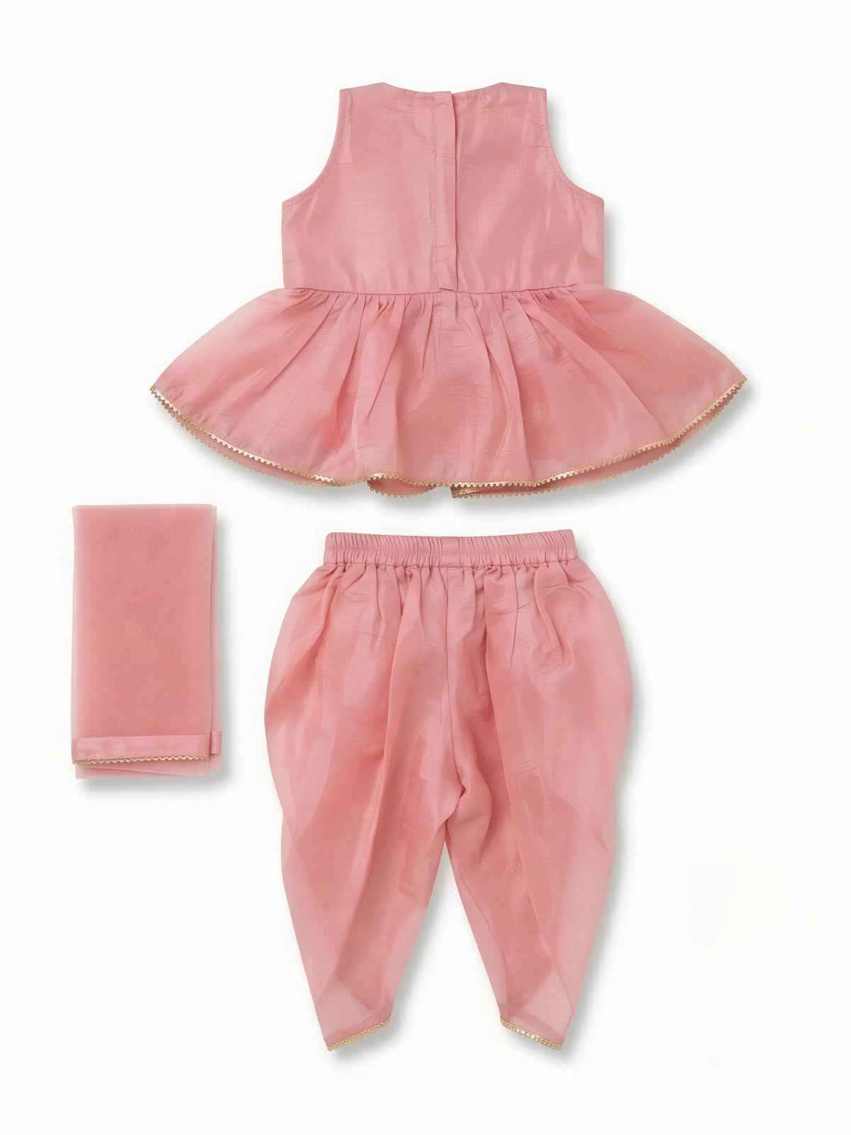 Girls Peach Embroidered Dhoti Set.