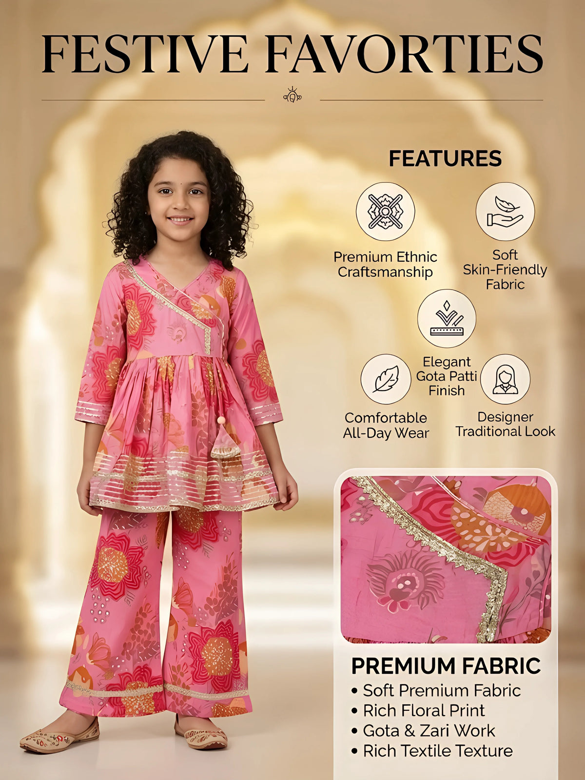 Girls Pink Floral Printed Angrakha Sharara Set.