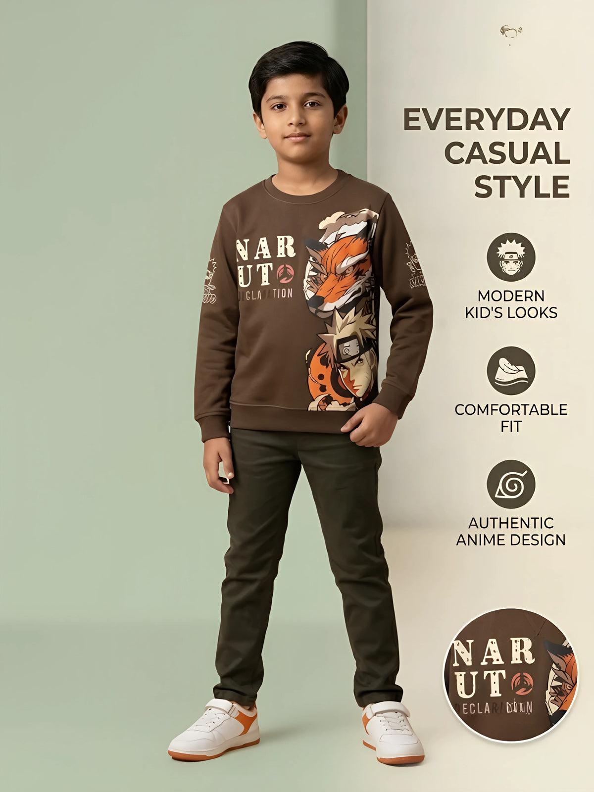 Boys Brown Naruto Printed Graphic Full Sleeve Casual T-Shirt