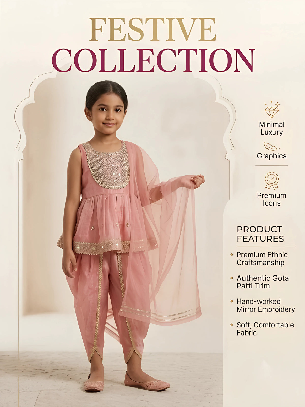 Girls Peach Embroidered Dhoti Set.