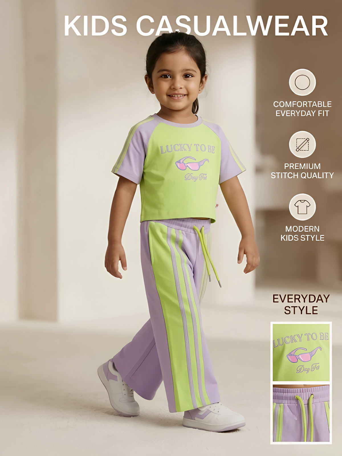 Purple Green Graphic Print Girls Coordinate Set Casual Wear